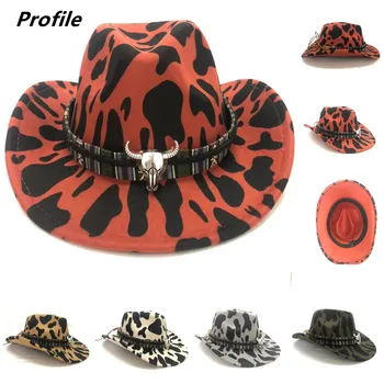 Krokainās kovboju cepure ar sarkanu džeza govs drukāšanas melnbalto bruņinieks filca cepure vīriešiem un sievietēm ar lieliem karnīzes шапка мужская